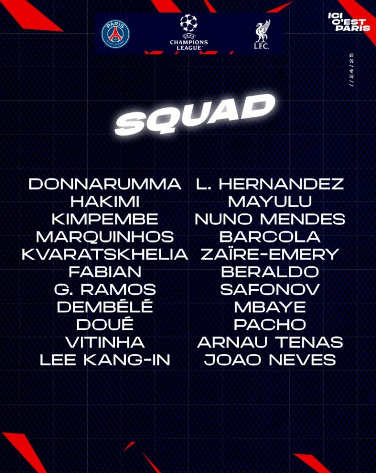  巴黎對(duì)陣?yán)锲执竺麊危旱秦惾R領(lǐng)銜鋒線，馬爾基尼奧斯坐鎮(zhèn)后防