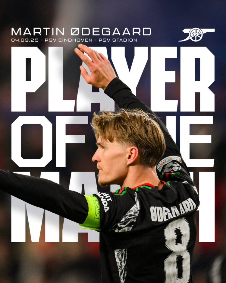  2射1傳！阿森納官方：厄德高當(dāng)選7-1埃因霍溫隊(duì)內(nèi)最佳球員