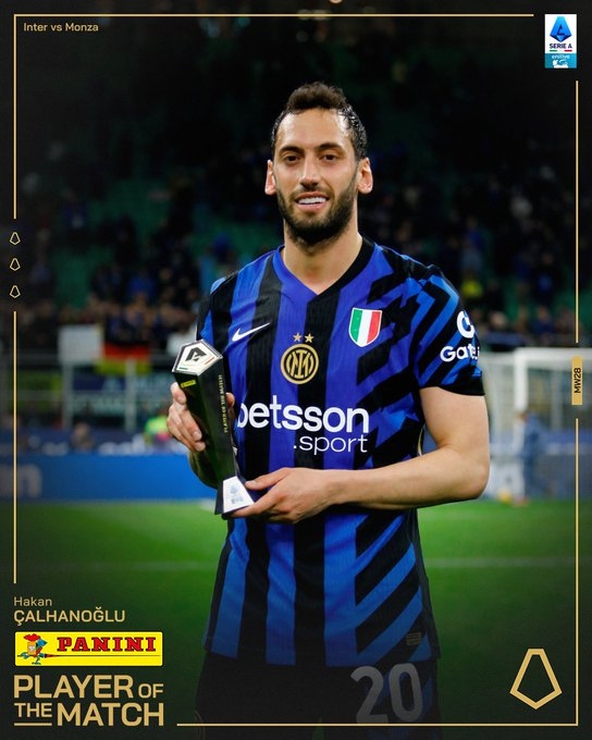  貼地斬扳平比分！官方：恰爾汗奧盧當選國米vs蒙扎全場最佳