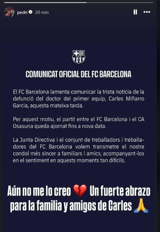  痛心！特爾施特根、佩德里、加維等球員社媒發(fā)文哀悼離世隊(duì)醫(yī)