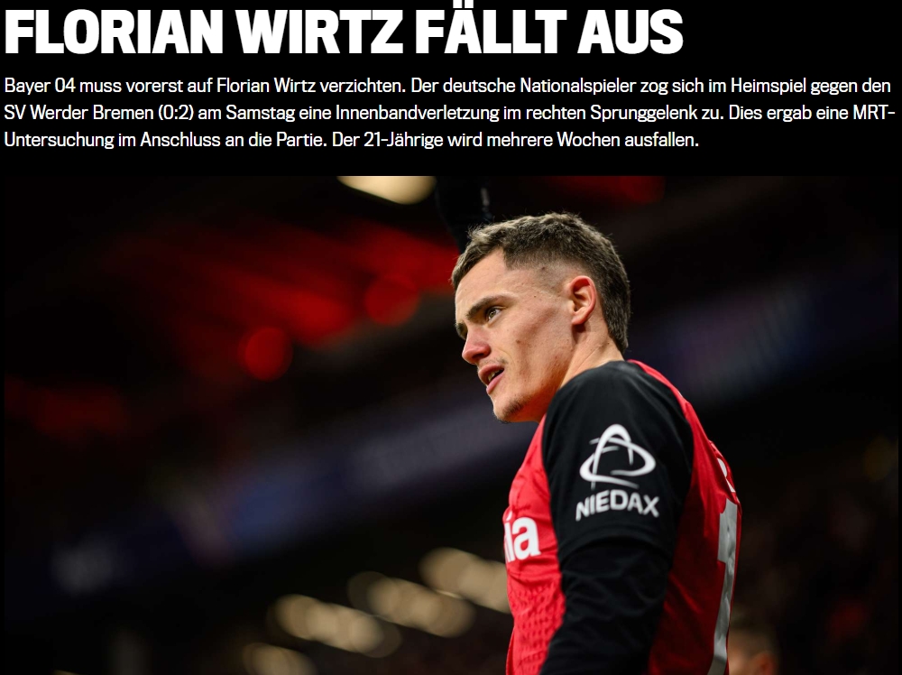  無(wú)緣次回合戰(zhàn)拜仁！官方：維爾茨右腳踝內(nèi)側(cè)韌帶受傷，將缺陣數(shù)周