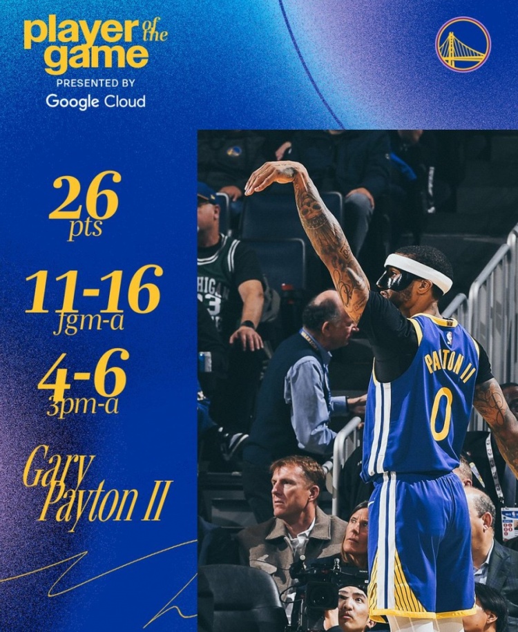  爆砍生涯新高26分！小佩頓當(dāng)選本場(chǎng)勇士隊(duì)最佳球員