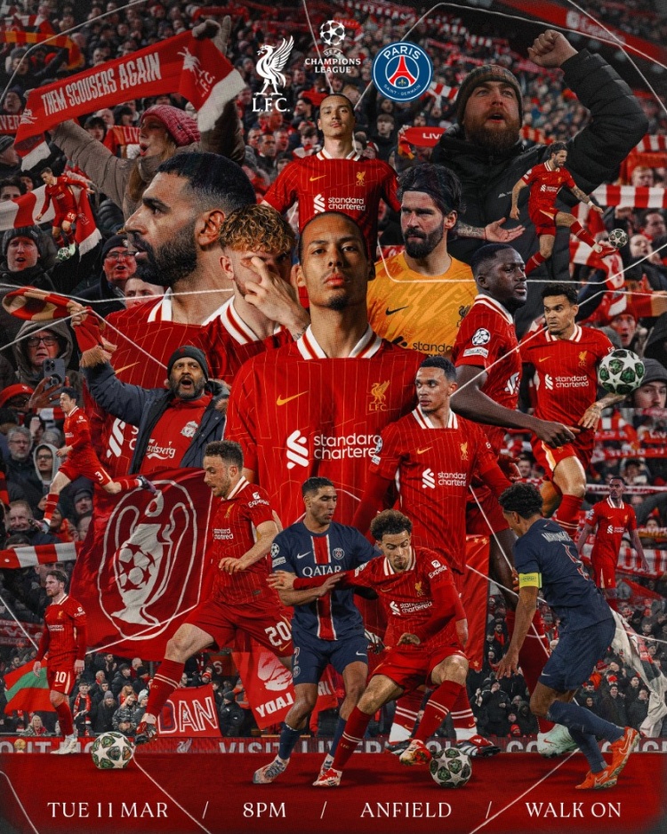  利物浦曬主場對陣巴黎海報(bào)，范迪克C位&兩隊(duì)多名球員出鏡