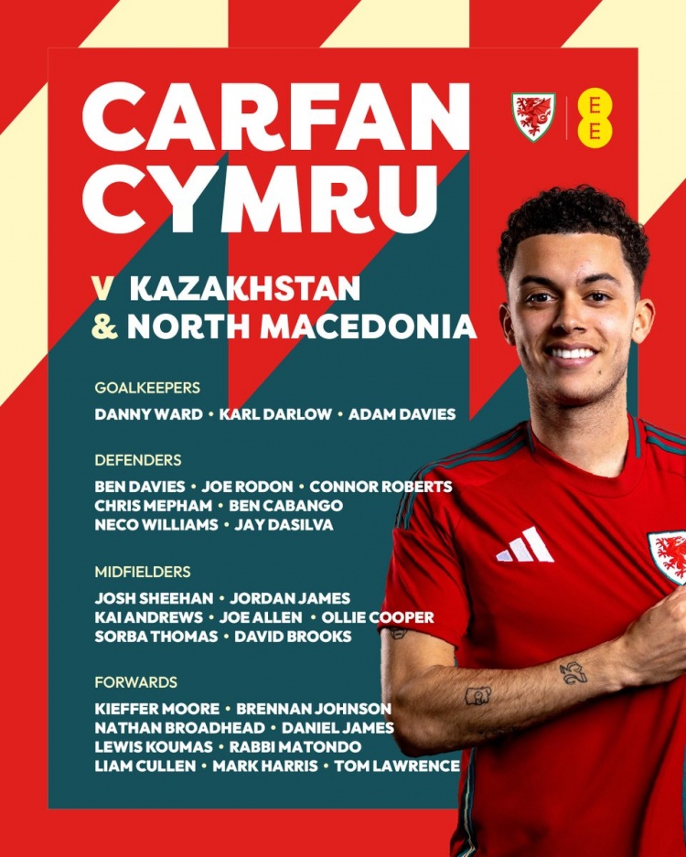  威爾士世預(yù)賽名單：布倫南-約翰遜、丹尼爾-詹姆斯、本戴維斯在列