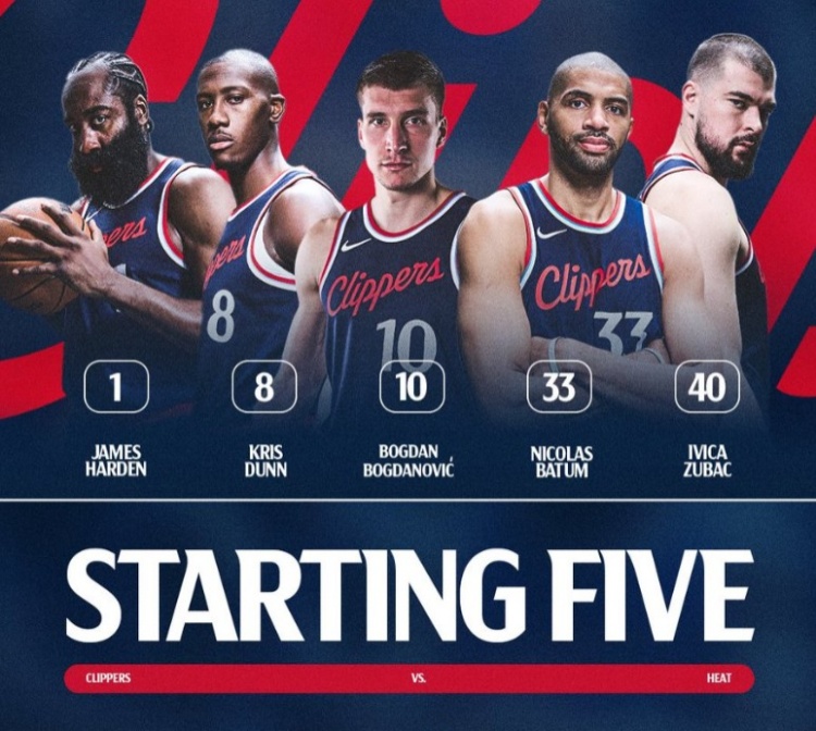  小卡輪休！快船首發(fā)：哈登、鄧恩、博格丹、巴圖姆、祖巴茨