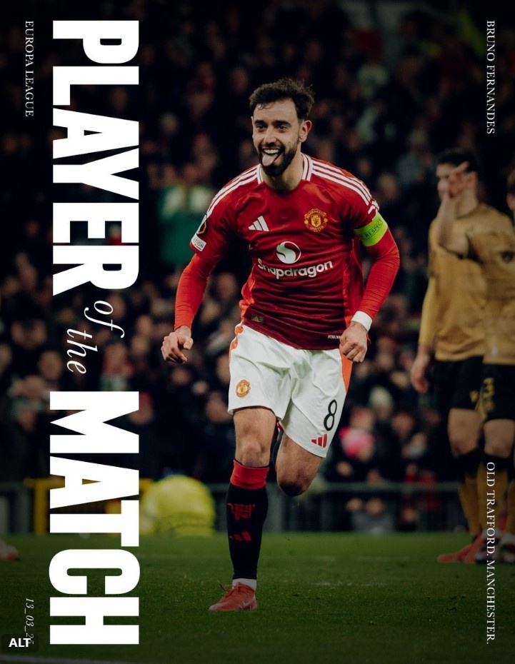  毋庸置疑，曼聯(lián)官方：上演帽子戲法的B費當選本輪歐聯(lián)隊內(nèi)最佳