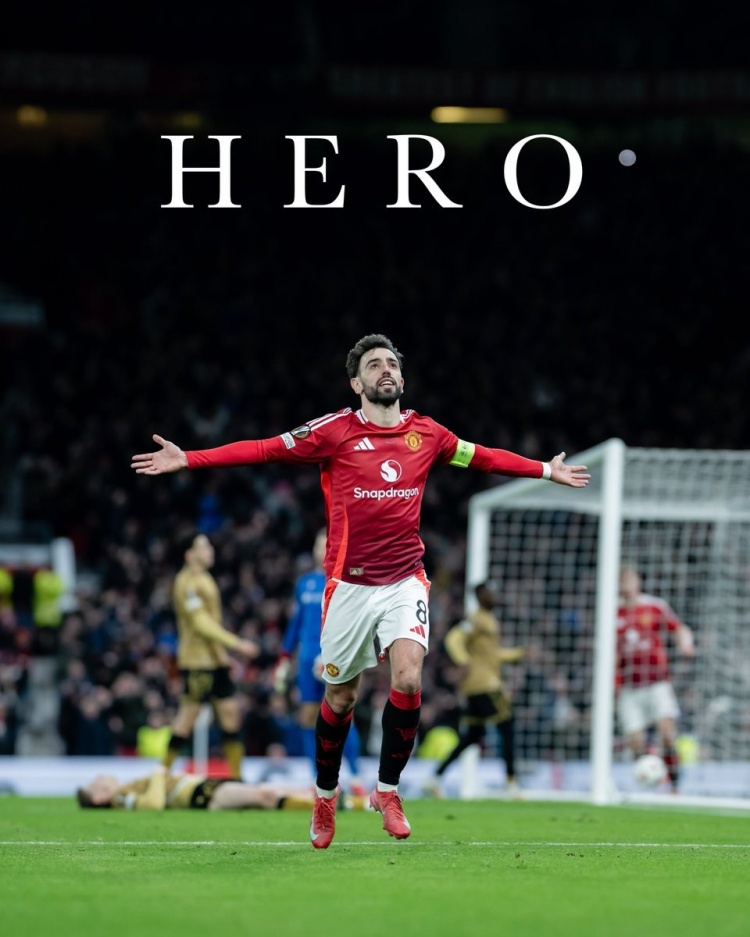  帽子戲法！曼聯(lián)官推曬B費海報“英雄”，并配文：無需多言