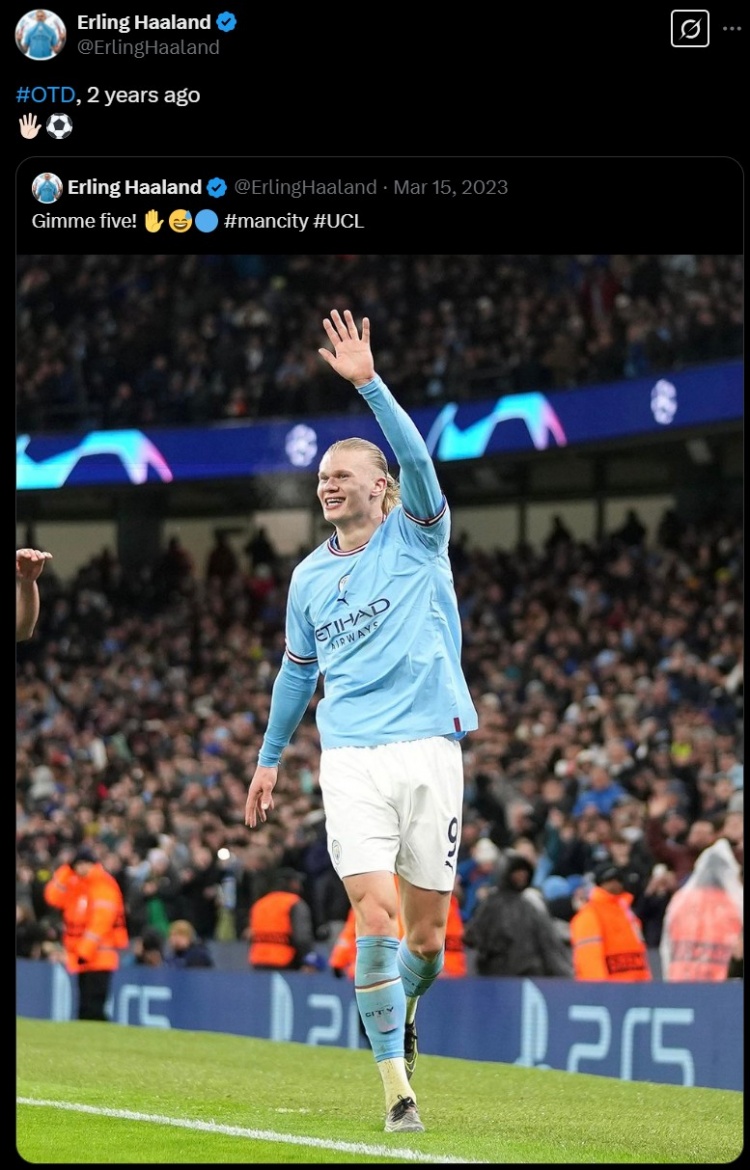 兩年前的今天哈蘭德歐冠上演五子登科，球員轉(zhuǎn)發(fā)自己當時社媒