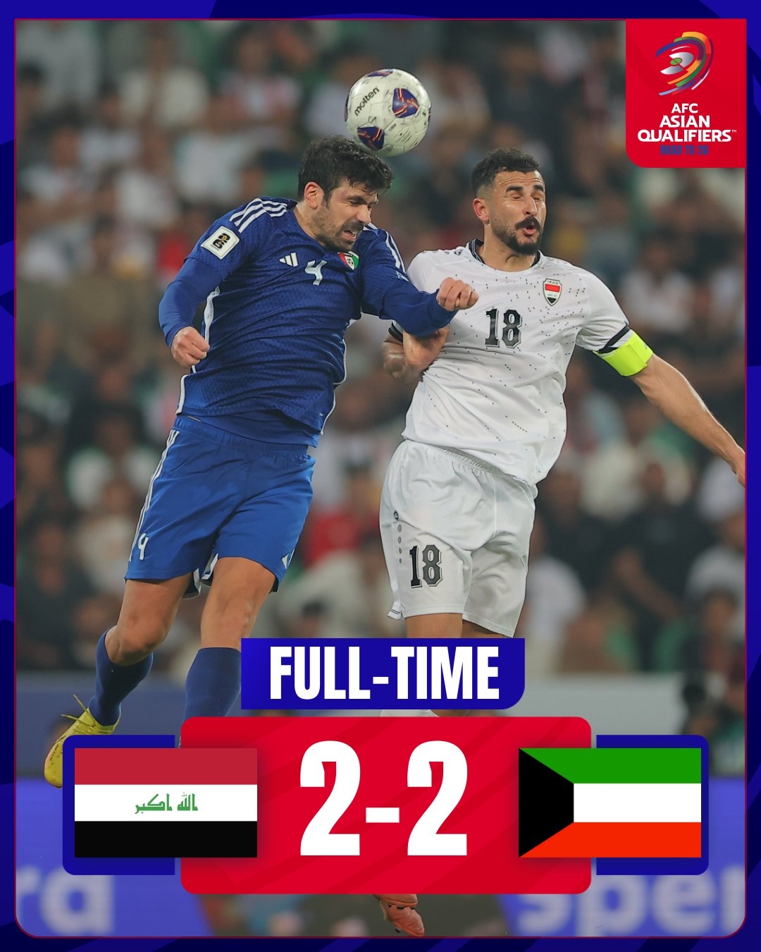  101分鐘絕平！世預(yù)賽伊拉克補(bǔ)時(shí)階段連進(jìn)兩球，2-2戰(zhàn)平科威特