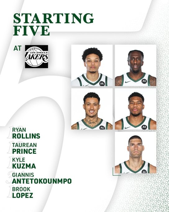  客場(chǎng)挑戰(zhàn)湖人！雄鹿今日首發(fā)：字母哥領(lǐng)銜 表哥缺陣 庫茲馬戰(zhàn)舊主