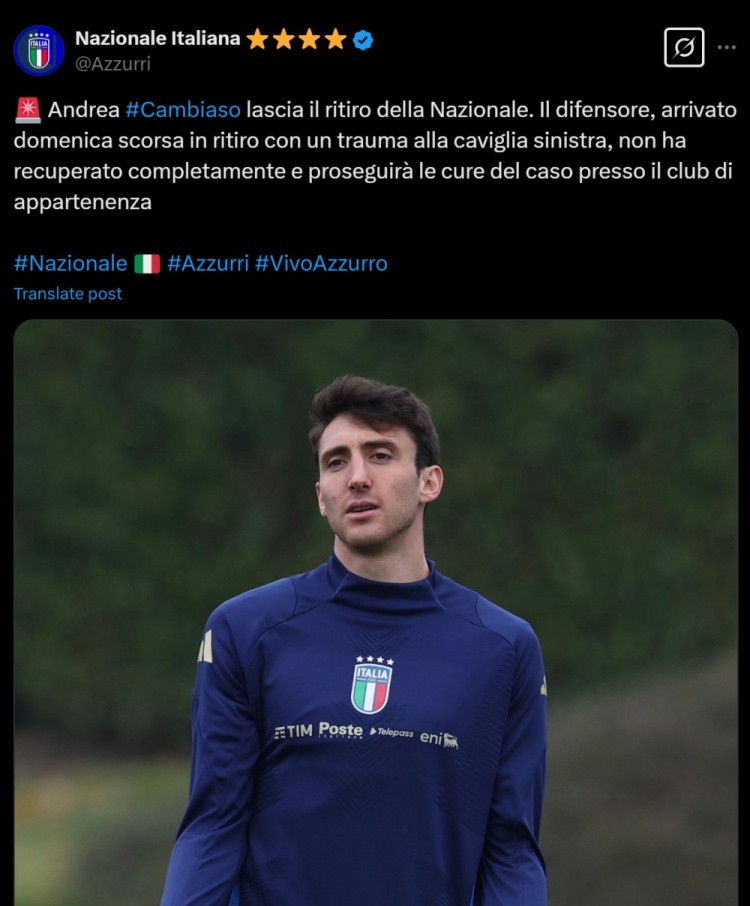  意大利隊官方：坎比亞索因左腳踝傷勢退出本期國家隊，將返回尤文