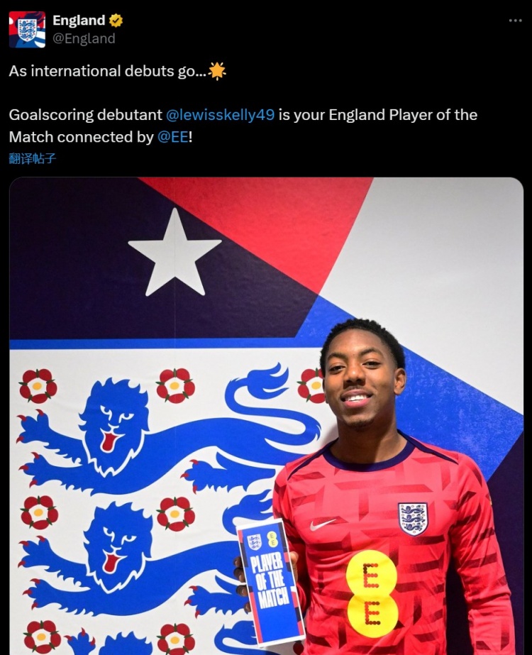  處子秀首開記錄！英格蘭隊(duì)官方：斯凱利當(dāng)選球迷票選全場最佳