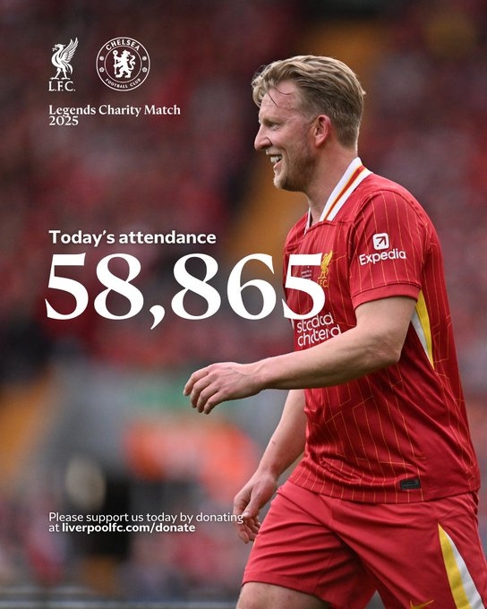  捧場！利物浦vs切爾西傳奇慈善賽現(xiàn)場共計有58865名觀眾