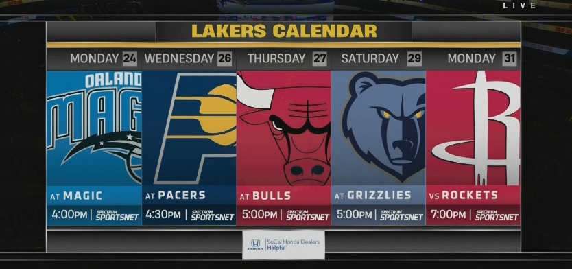  準(zhǔn)備開(kāi)啟東征！湖人未來(lái)5場(chǎng)對(duì)手：魔術(shù)/步行者/公牛/灰熊/火箭