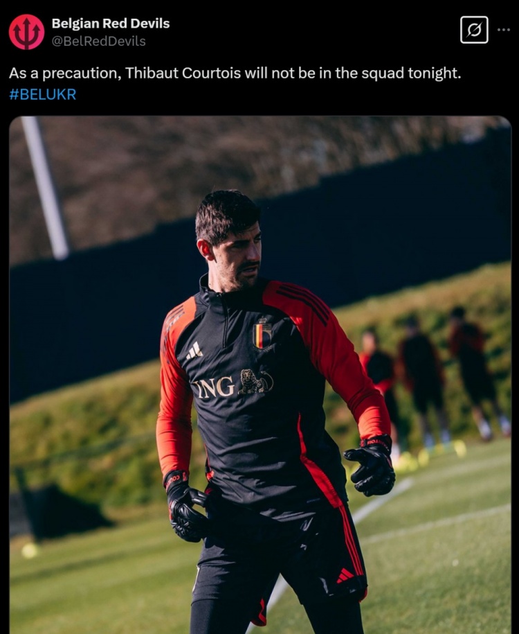  膝蓋出現(xiàn)傷情，比利時(shí)官方：作為預(yù)防措施，庫爾圖瓦不出戰(zhàn)烏克蘭