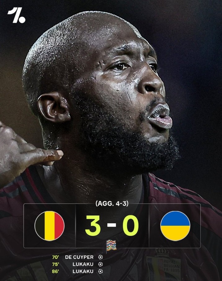  歐國聯(lián)升級賽次回合比利時(shí)3-0擊敗烏克蘭，盧卡庫梅開二度