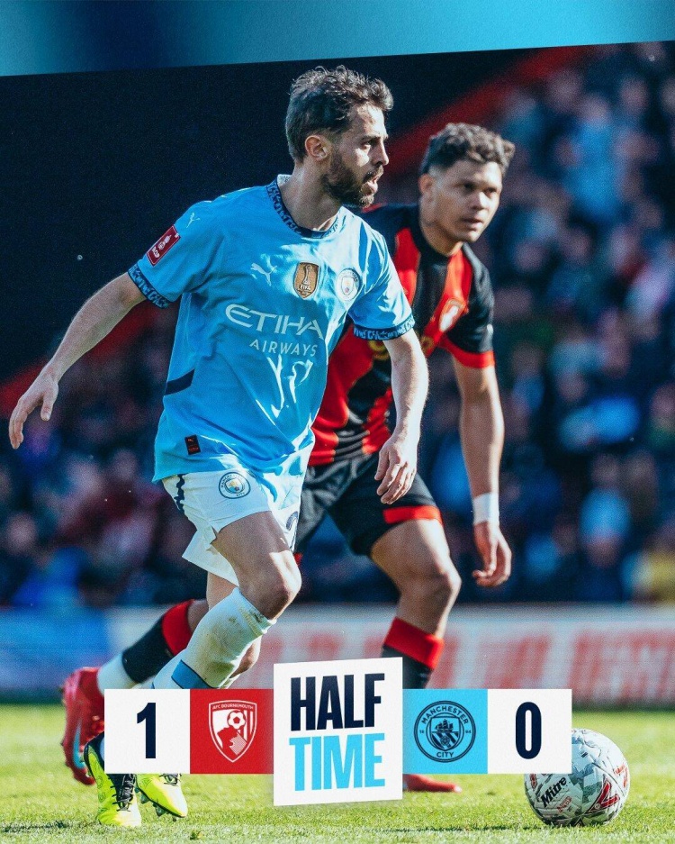  半場(chǎng)-曼城暫0-1伯恩茅斯 哈蘭德失點(diǎn)&失單刀努內(nèi)斯失誤致丟球