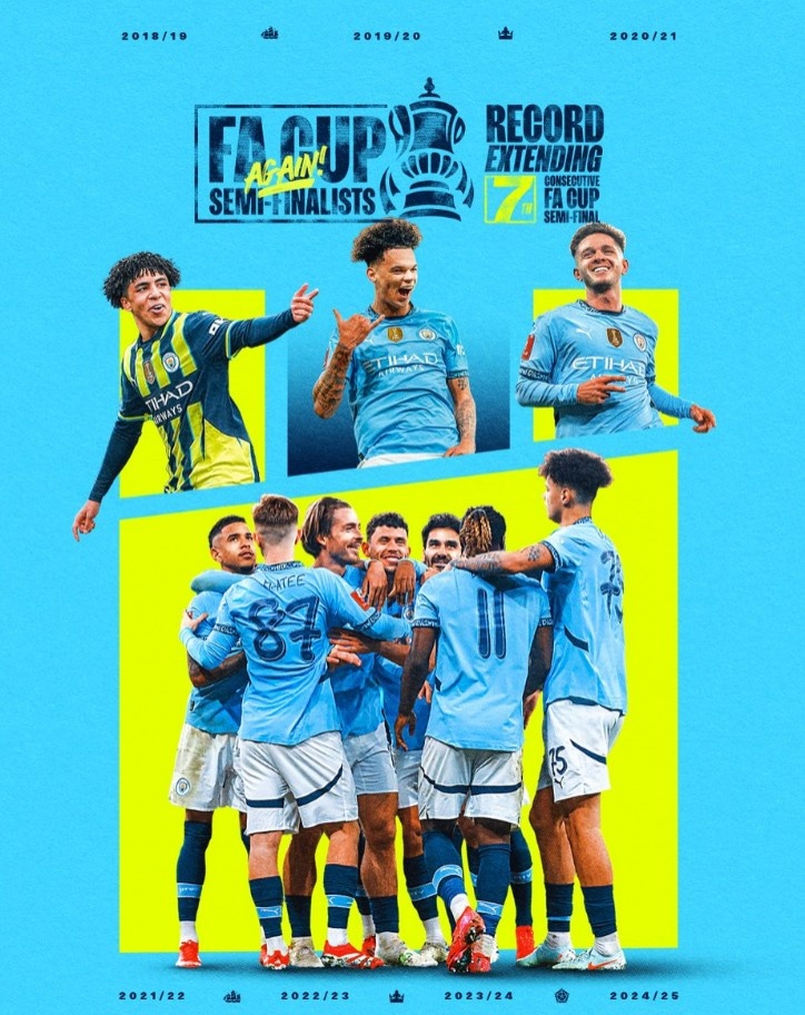  曼城連續(xù)7年晉級(jí)足總杯半決賽，創(chuàng)賽事歷史紀(jì)錄